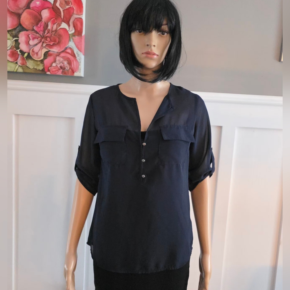 Rezult Navy Blue Sheer Blouse, Roll-Tab 3/4 Sleeves,Chic & Lightweight,XS